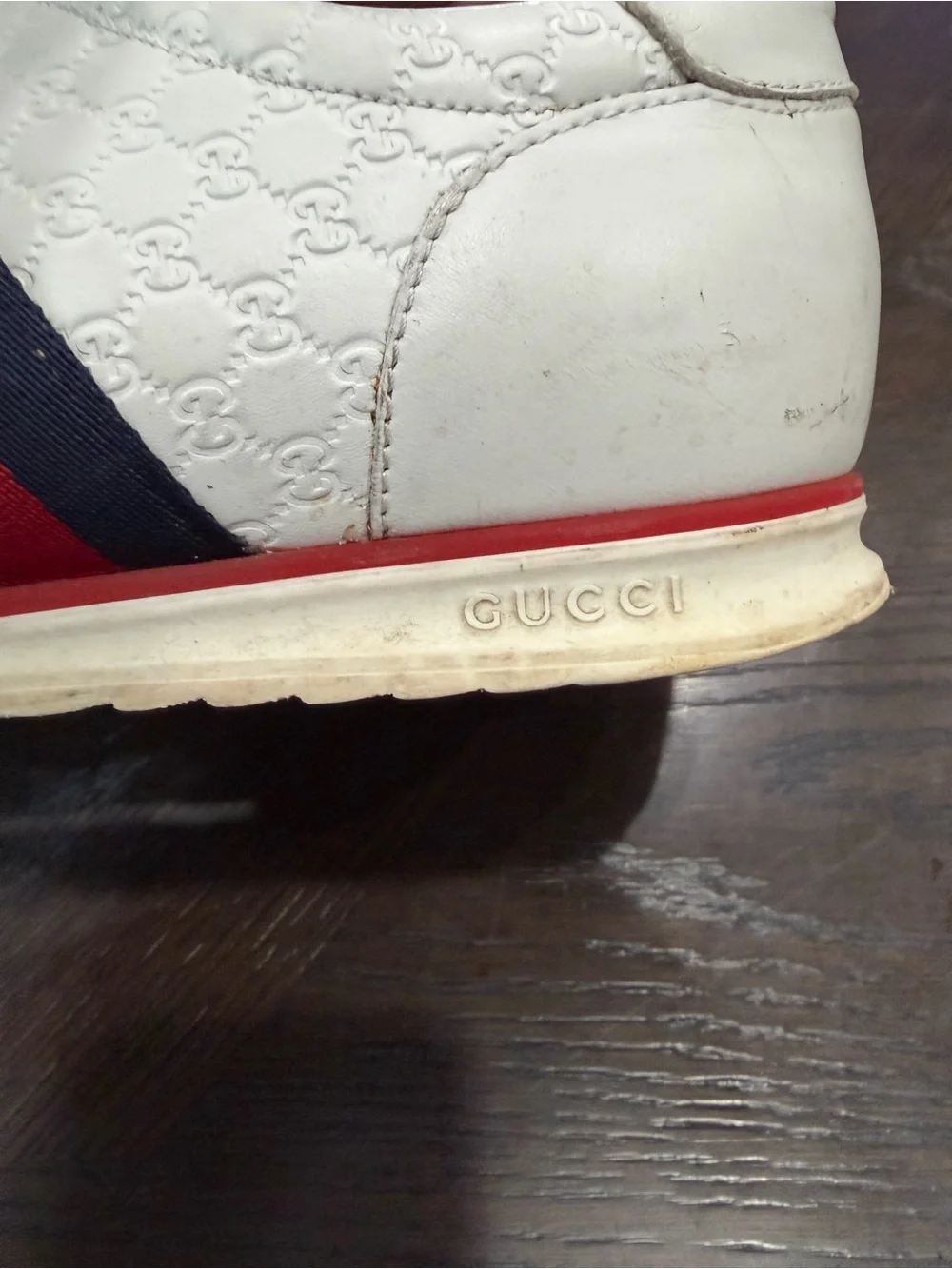 Gucci White Leather Low-Top Sneakers with Red & Blue Web